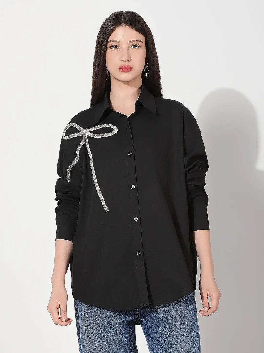 Women's Black Oversized Button Down Shirt with Bow Embellishment