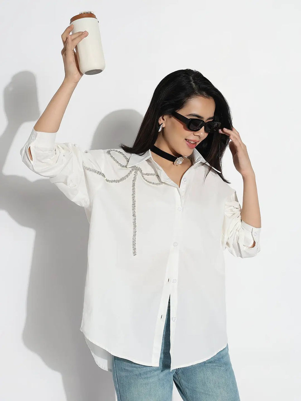 Women's Oversized White Solid Embellished Shirt