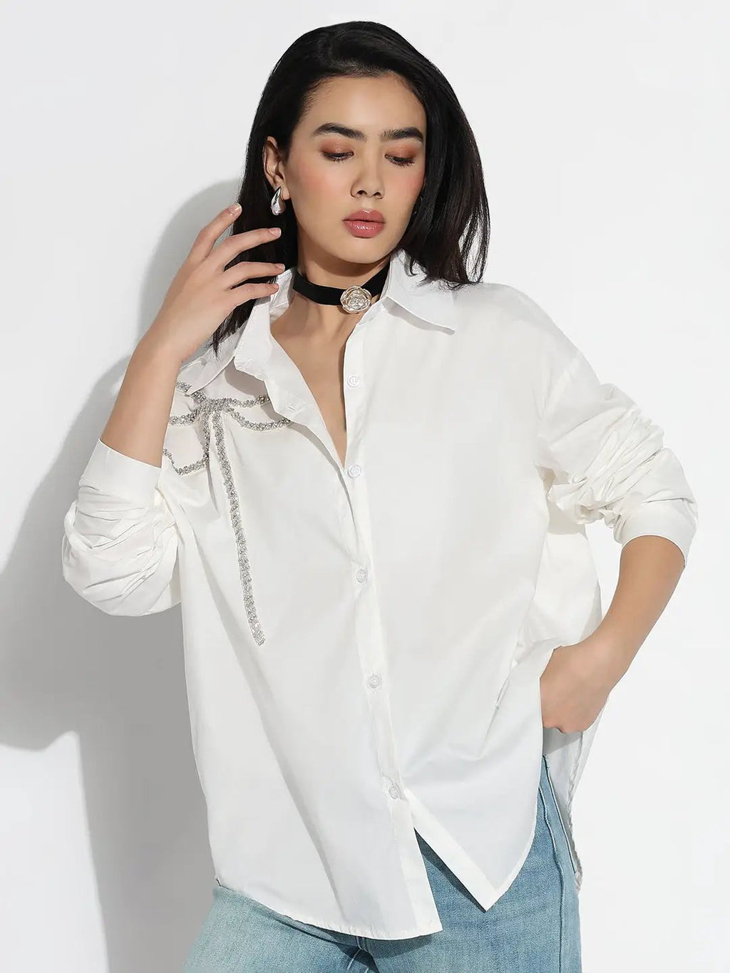 Women's Oversized White Solid Embellished Shirt