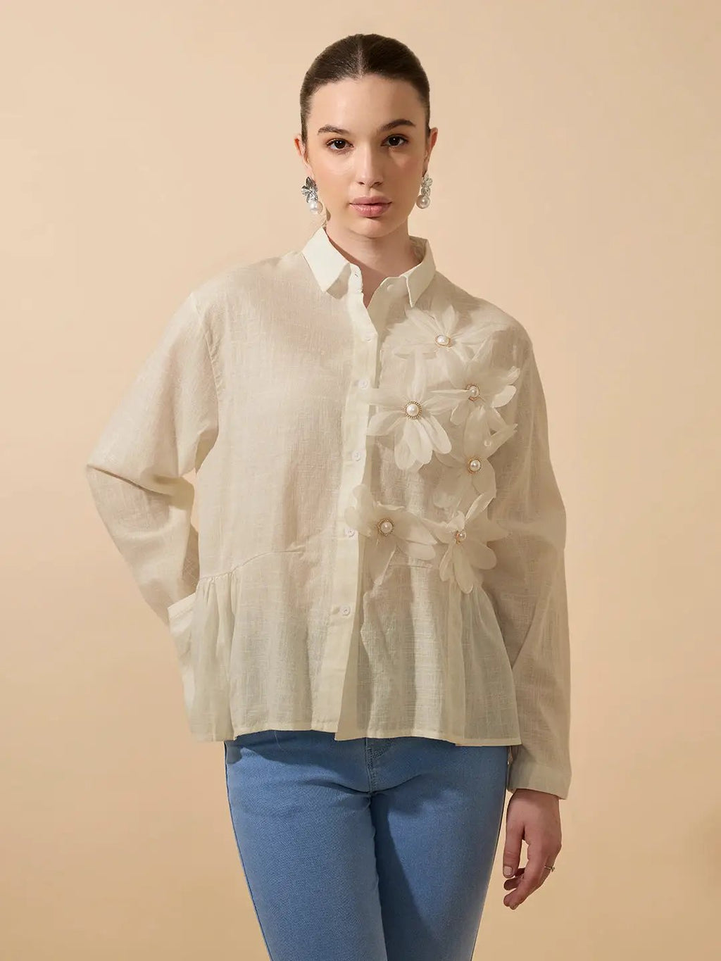 Women's Textured Beige Shirt with 3D Floral Applique