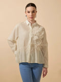Women's Textured Beige Shirt with 3D Floral Applique
