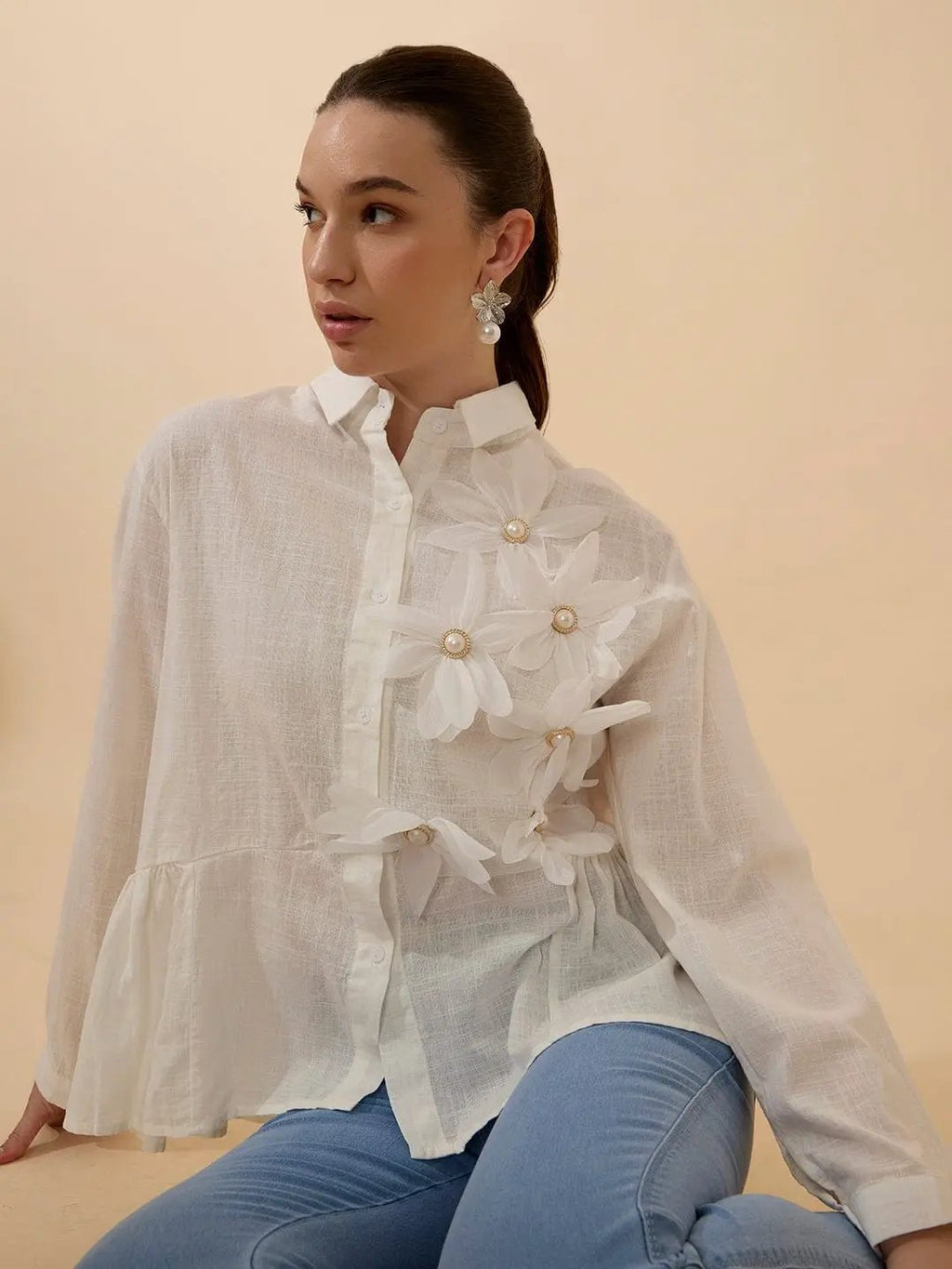 Women's Textured White Shirt with 3D Floral Applique
