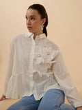 Women's Textured White Shirt with 3D Floral Applique