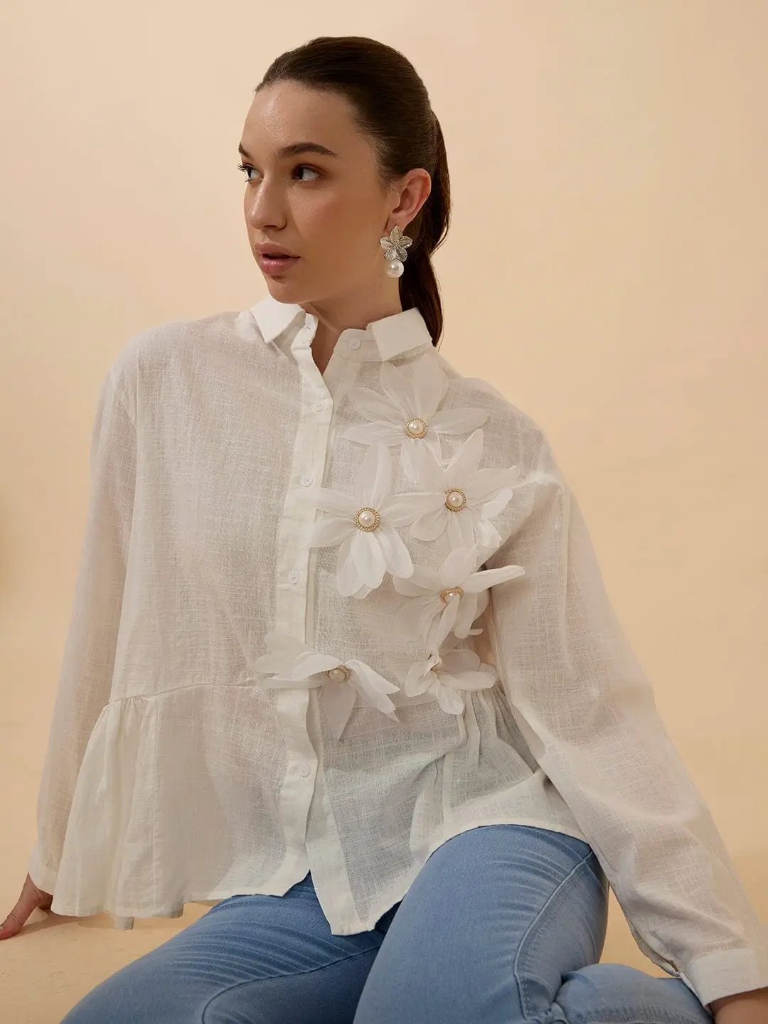 Women's Textured White Shirt with 3D Floral Applique