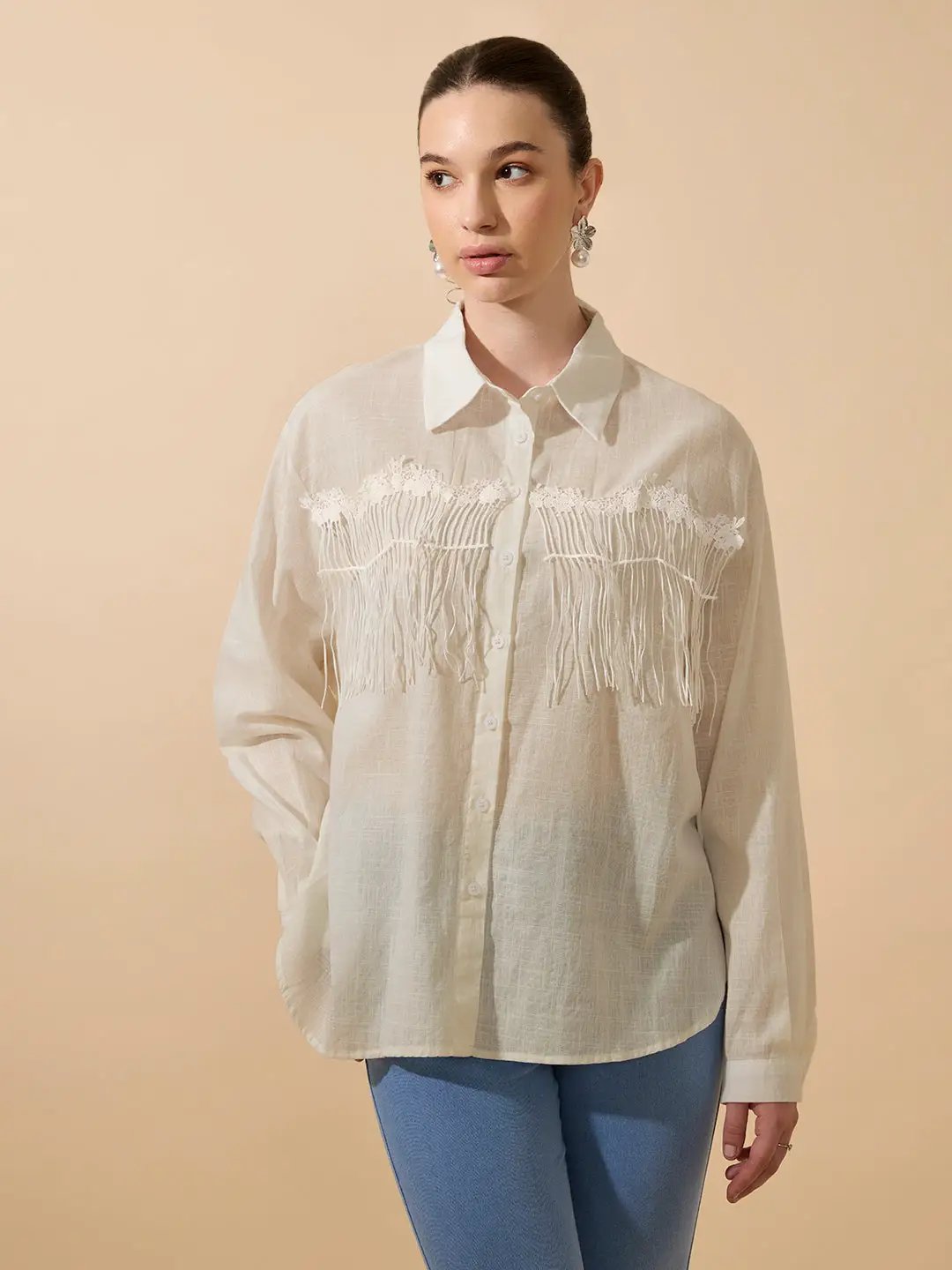 Women's Textured Beige Relaxed Fit Shirt with Fringe Detail