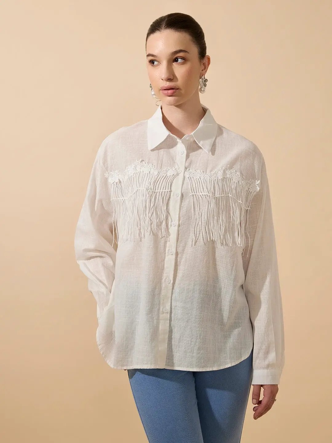 Women's Textured White Relaxed Fit Shirt with Fringe Detail