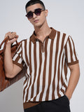 Men's Striped Brown Textured Short Sleeves Polo Collar Regular Fit T-Shirt with Zip Details