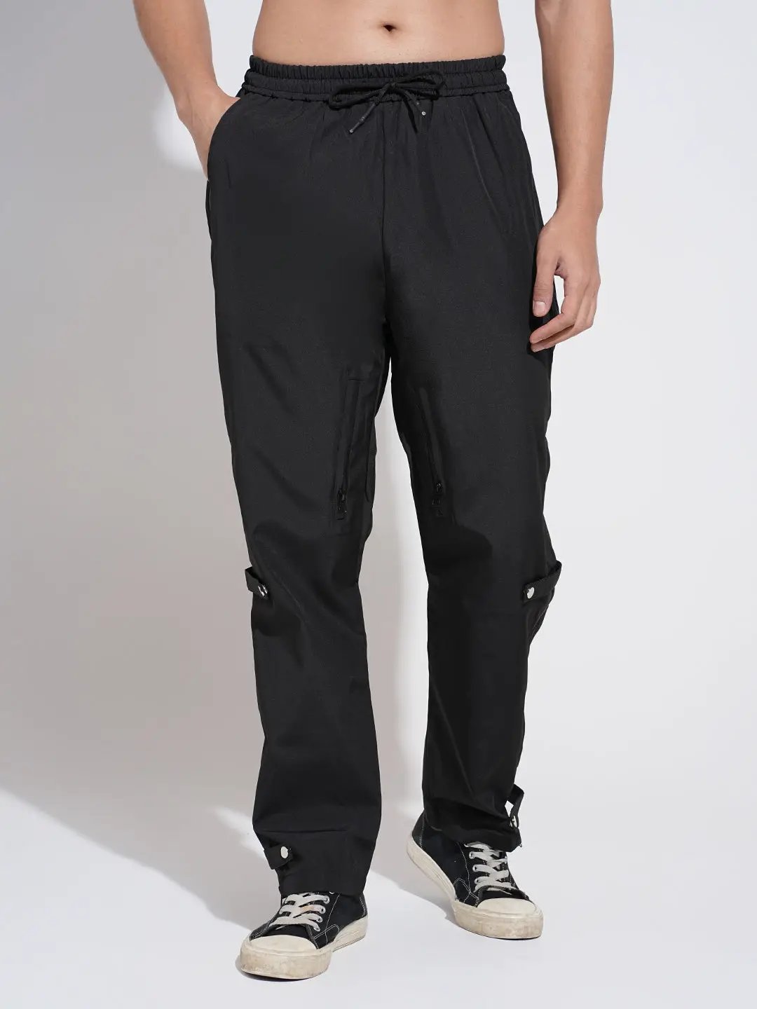 Men's Black Regular Fit Trousers with Adjustable Snap Button Tabs