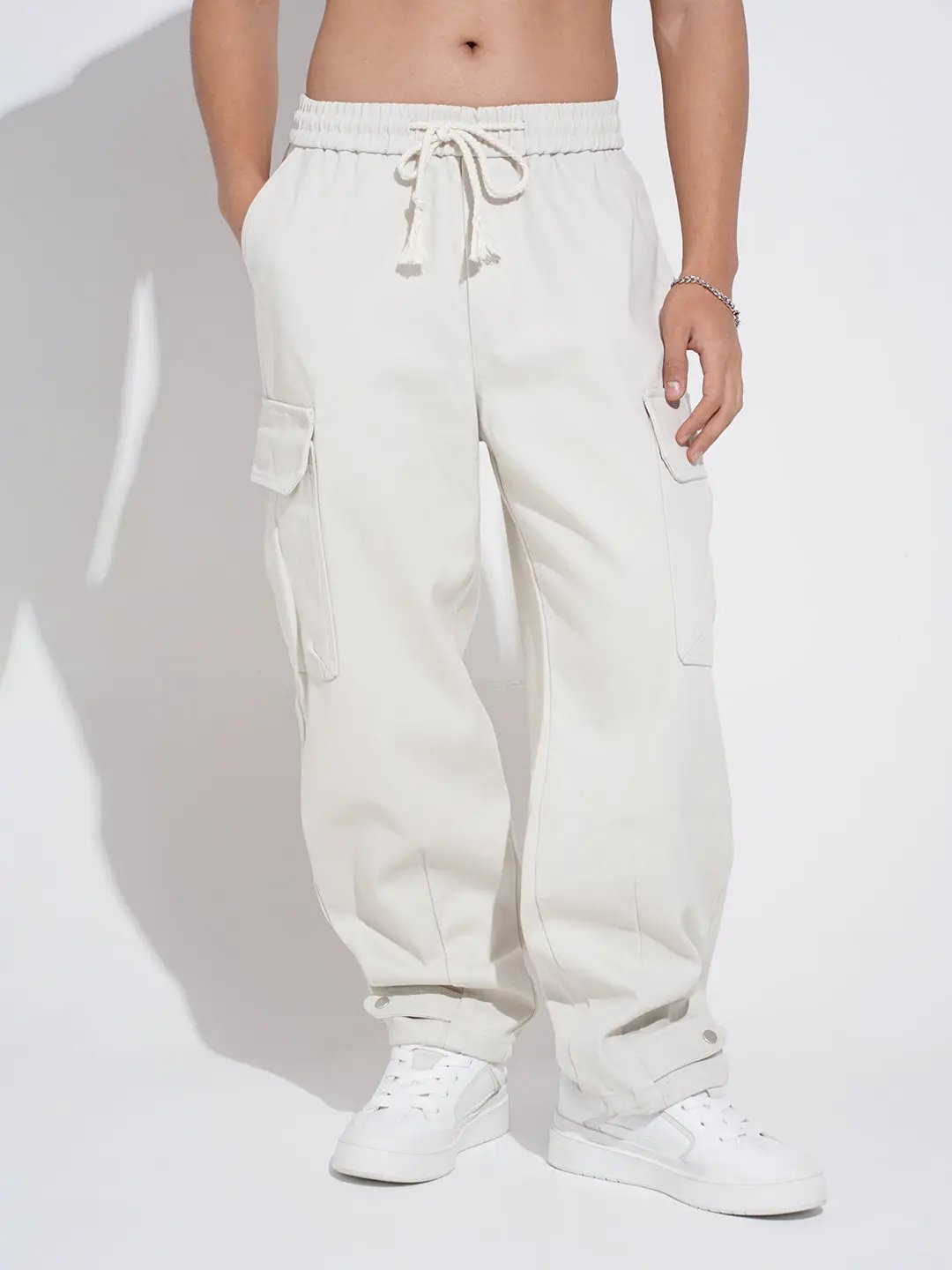 Men's Off White Relaxed Fit Cargo Trousers  with Elasticated Waist and Drawstring