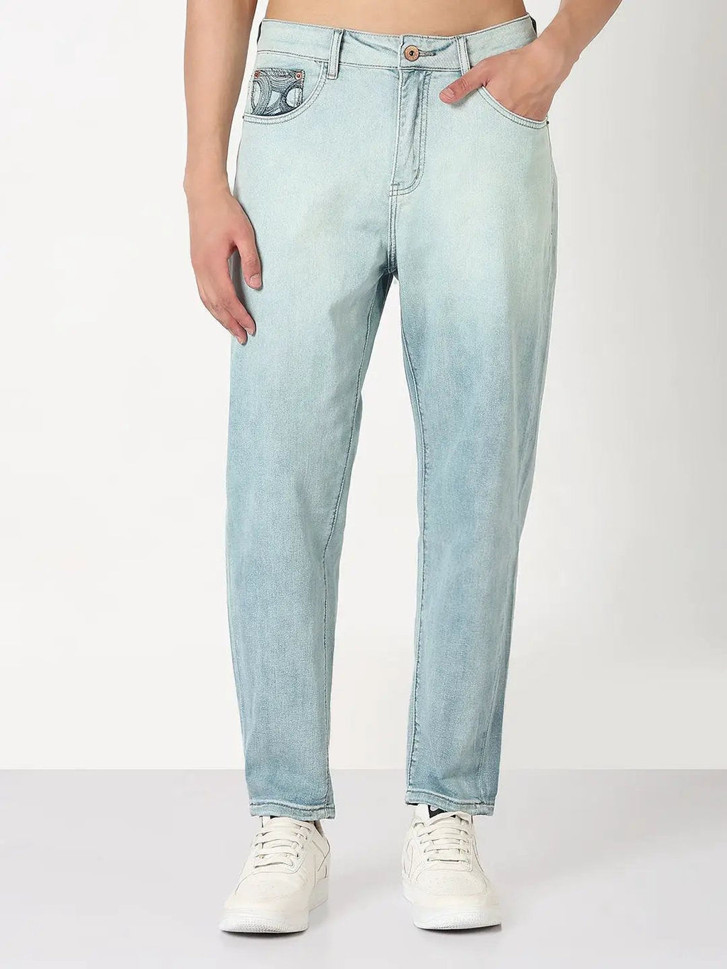 Men's Blue Tapered Fit Ombre Jeans with Embroidered Pocket