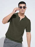 Men's Textured Green Short Sleeve Semi Sheer Polo T-Shirt with Zipper  Detail