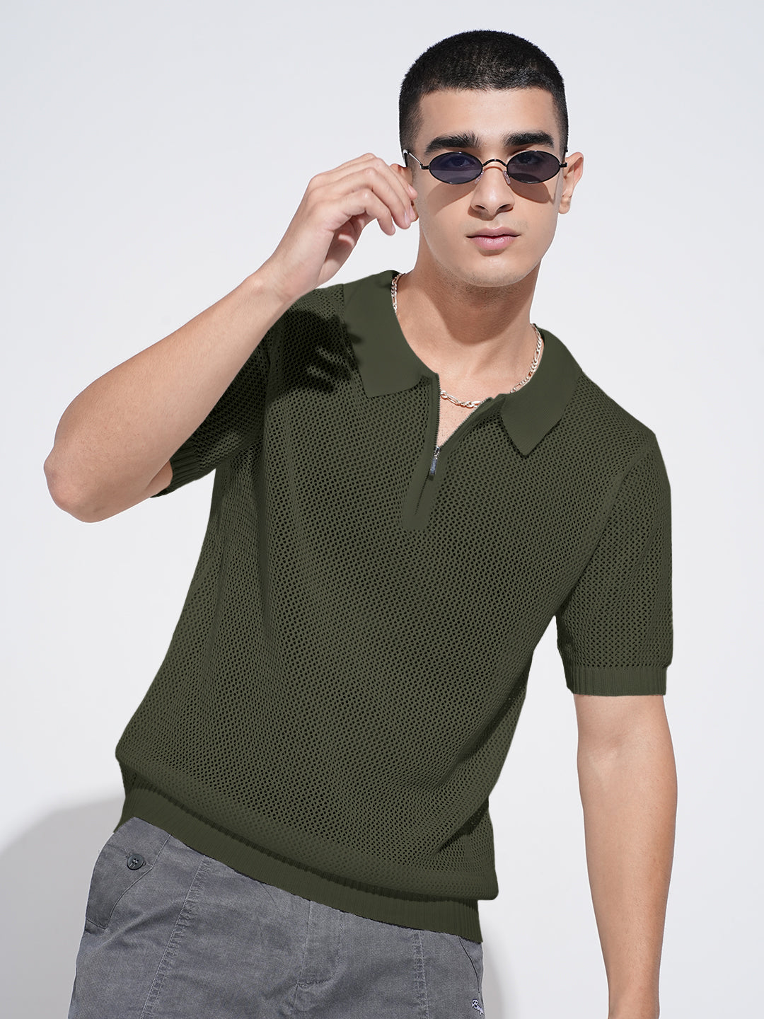 Men's Textured Green Short Sleeve Semi Sheer Polo T-Shirt with Zipper  Detail