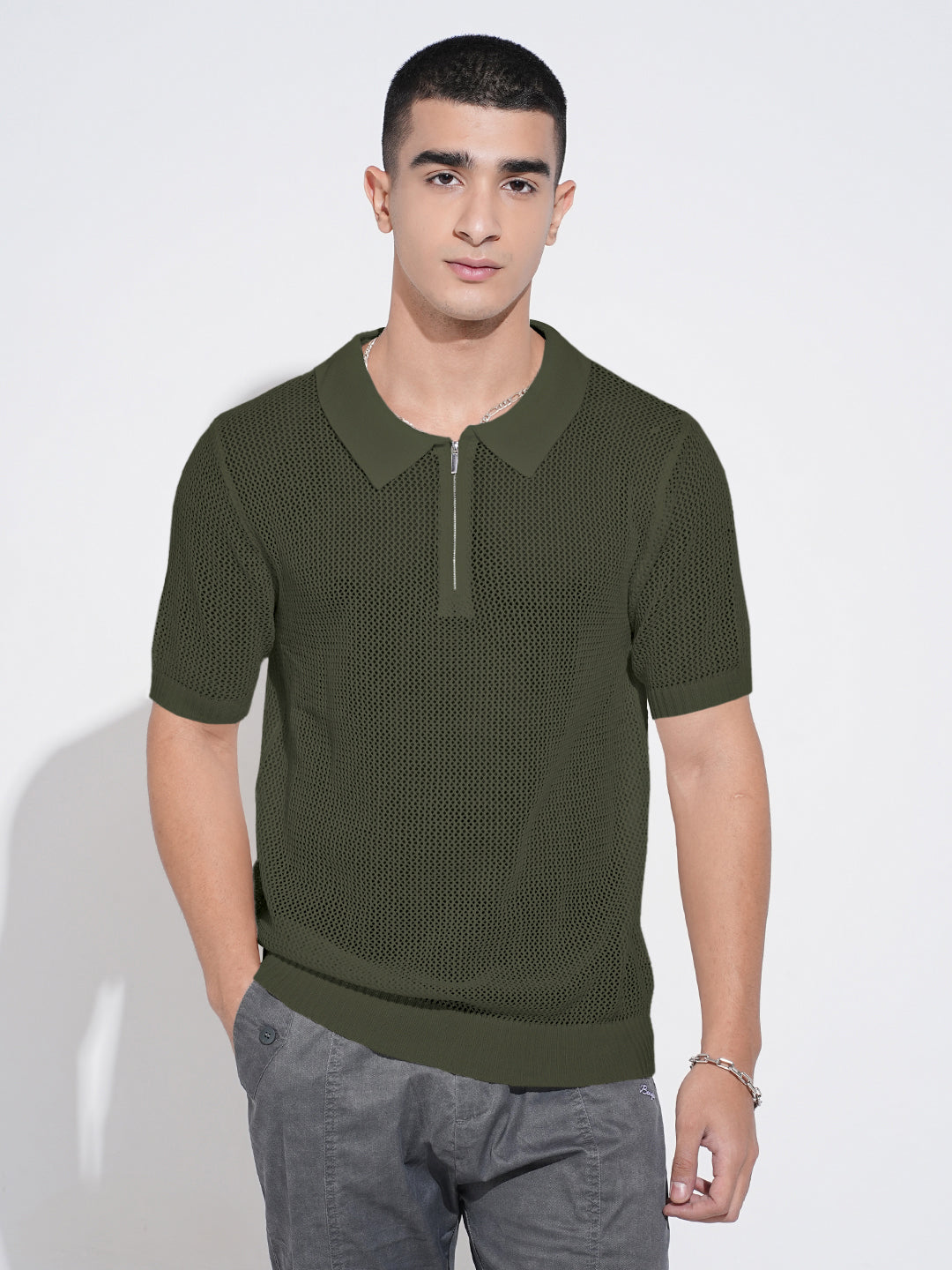 Men's Textured Green Short Sleeve Semi Sheer Polo T-Shirt with Zipper  Detail