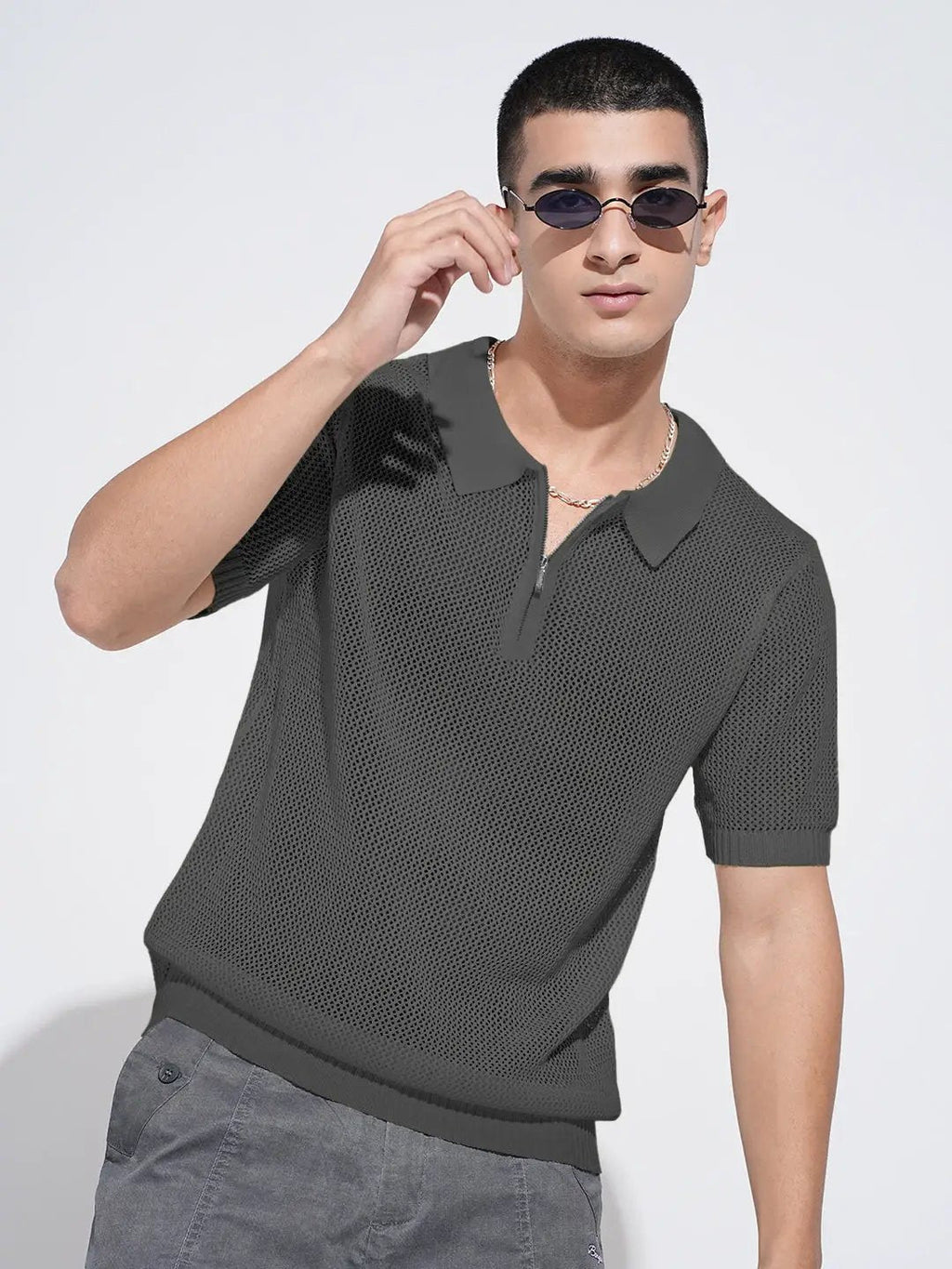 Men's Textured Grey Short Sleeve Semi Sheer Polo T-Shirt with Zipper  Detail