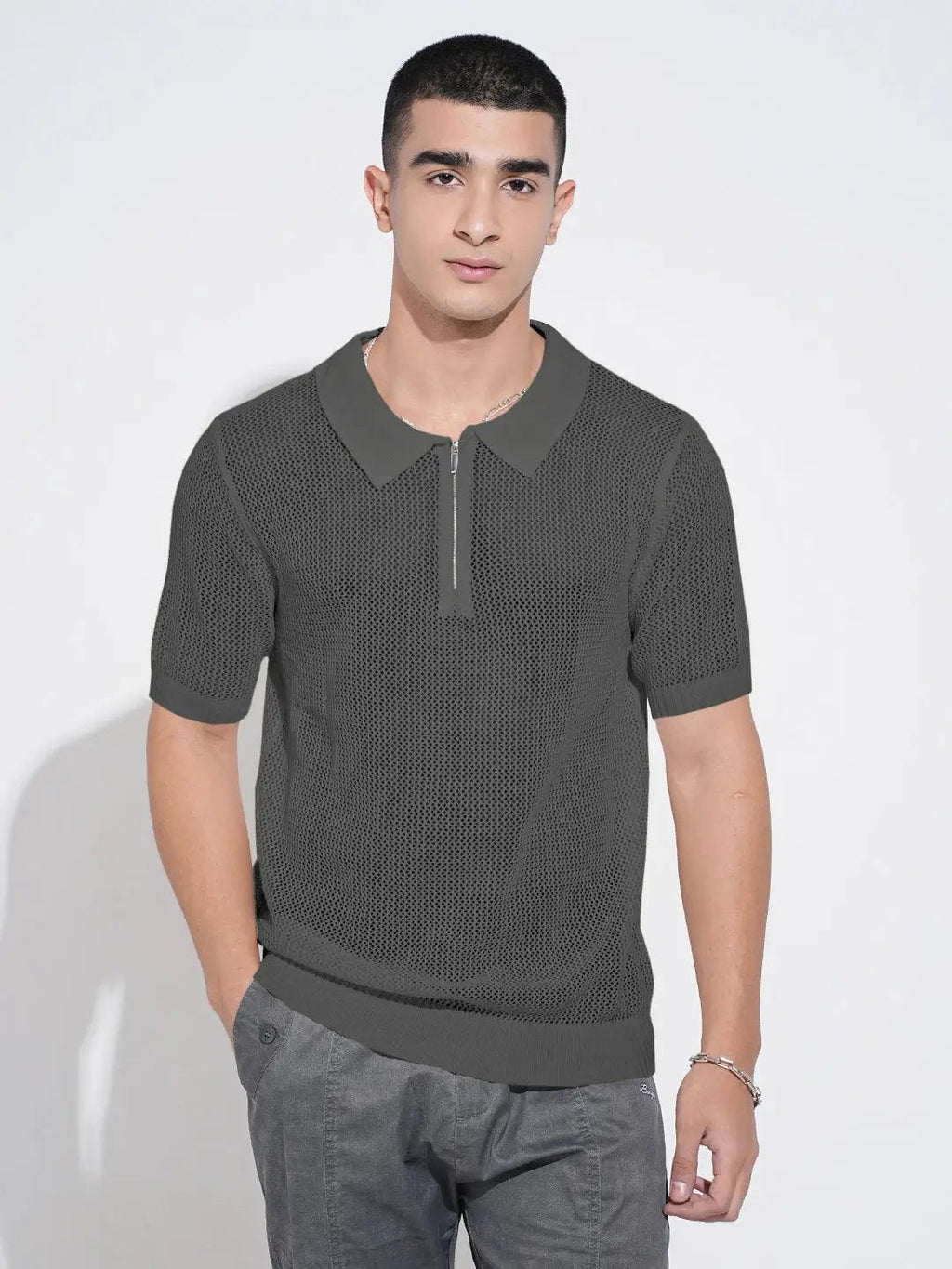 Men's Textured Grey Short Sleeve Semi Sheer Polo T-Shirt with Zipper  Detail