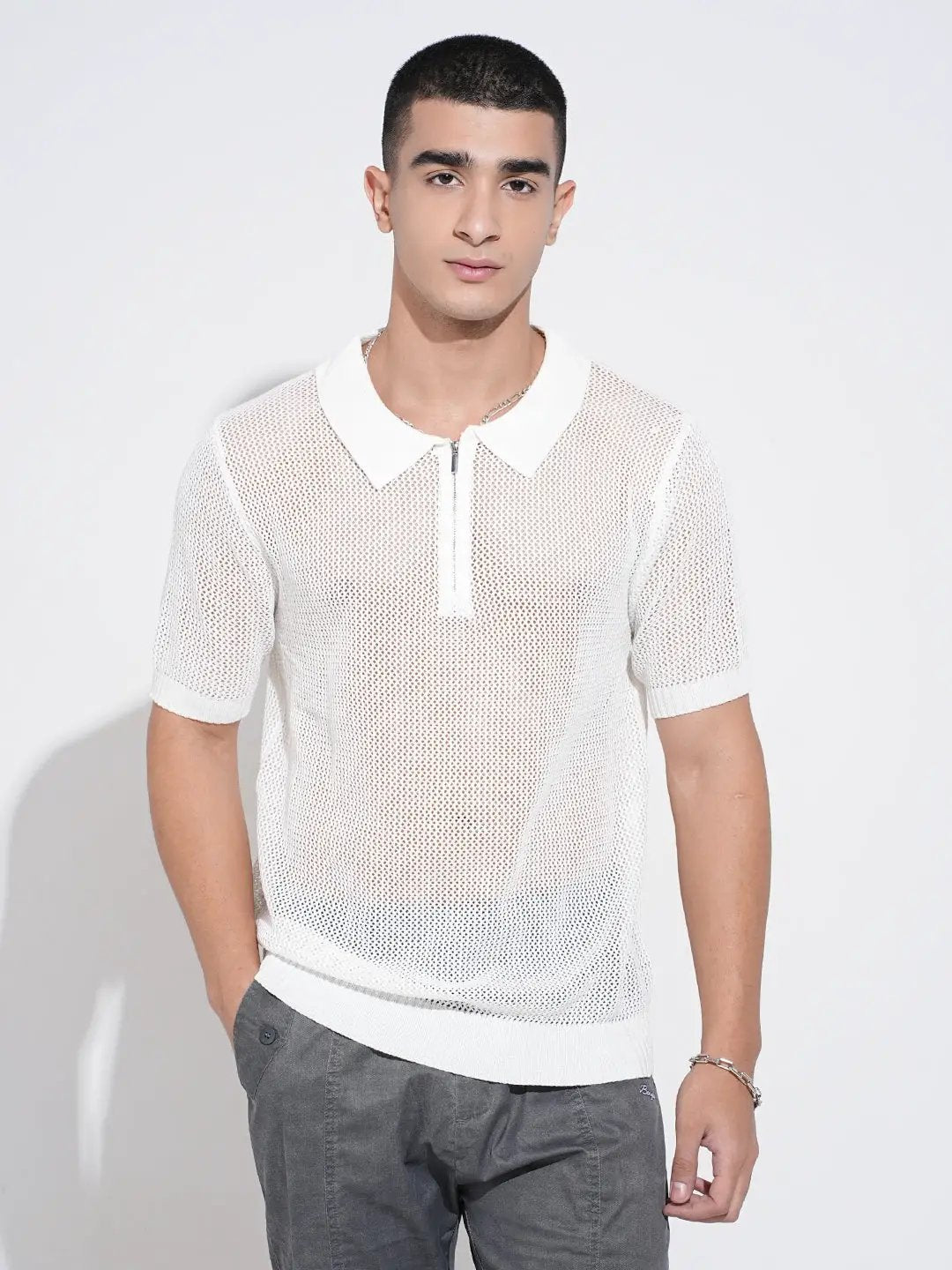 Men's Textured White Short Sleeve Semi Sheer Polo T-Shirt with Zipper Detail