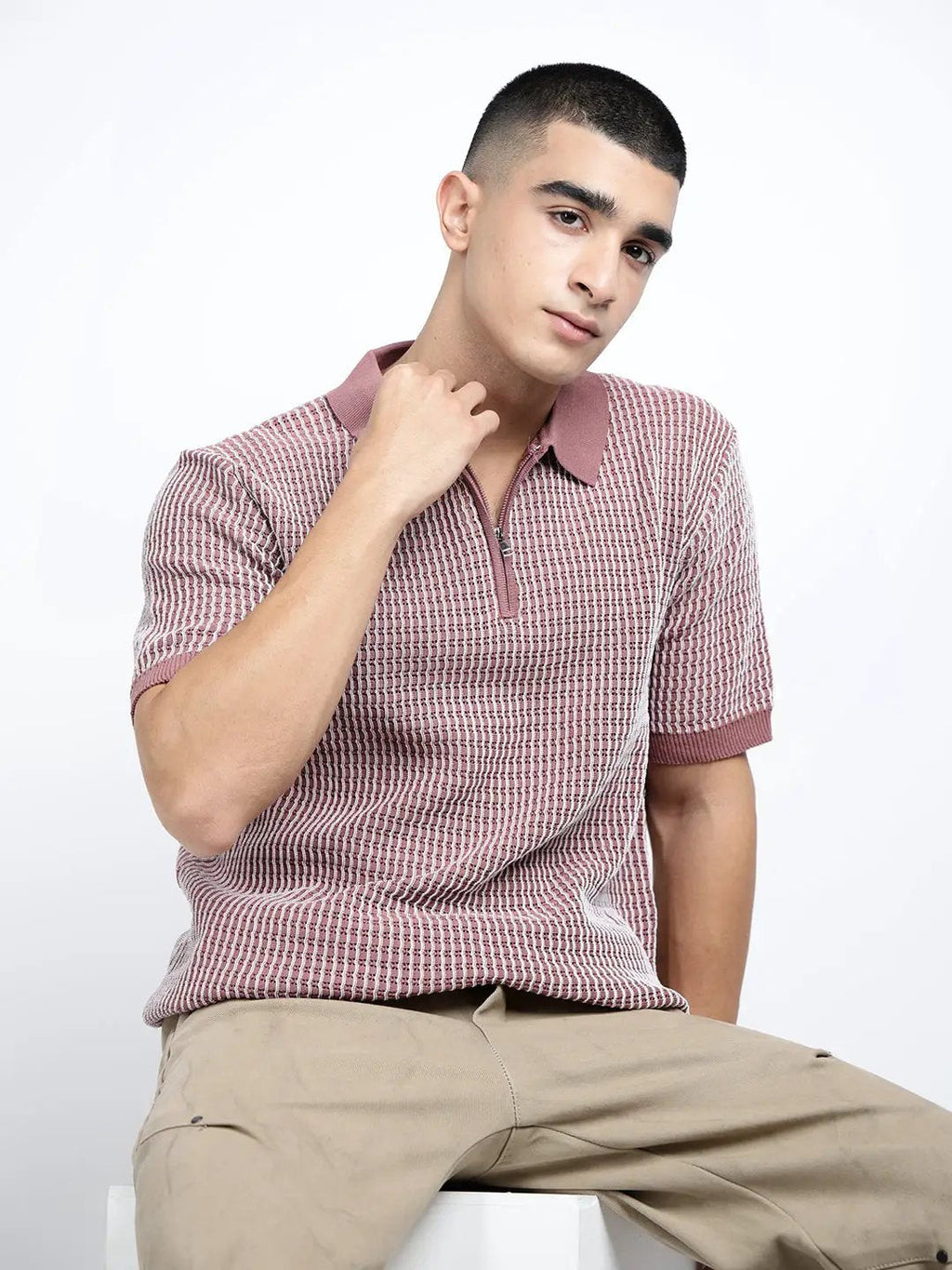 Men's Textured  Mauve Short Sleeves Polo Collar Regular Fit T-Shirt with Zip Details