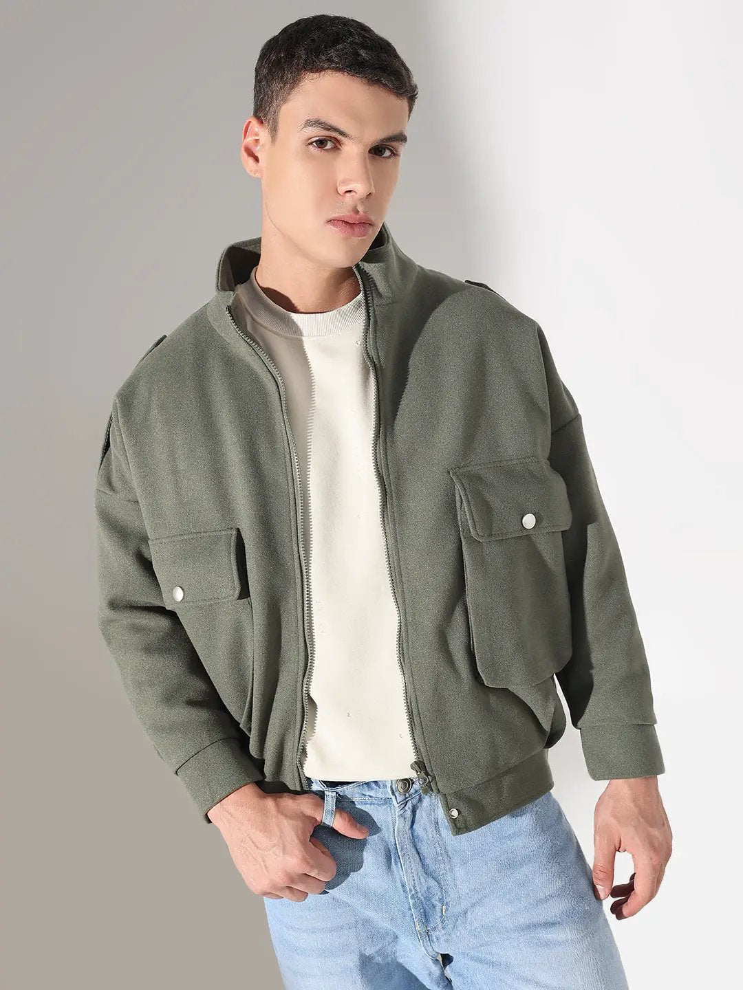 Men's Solid Green Fleece Jacket with Oversized Pockets