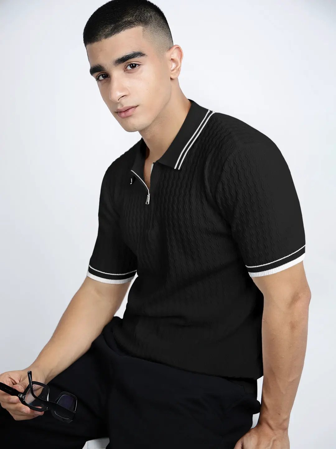 Men's Textured Black Short Sleeve Polo T-Shirt with Contrast Zip Details