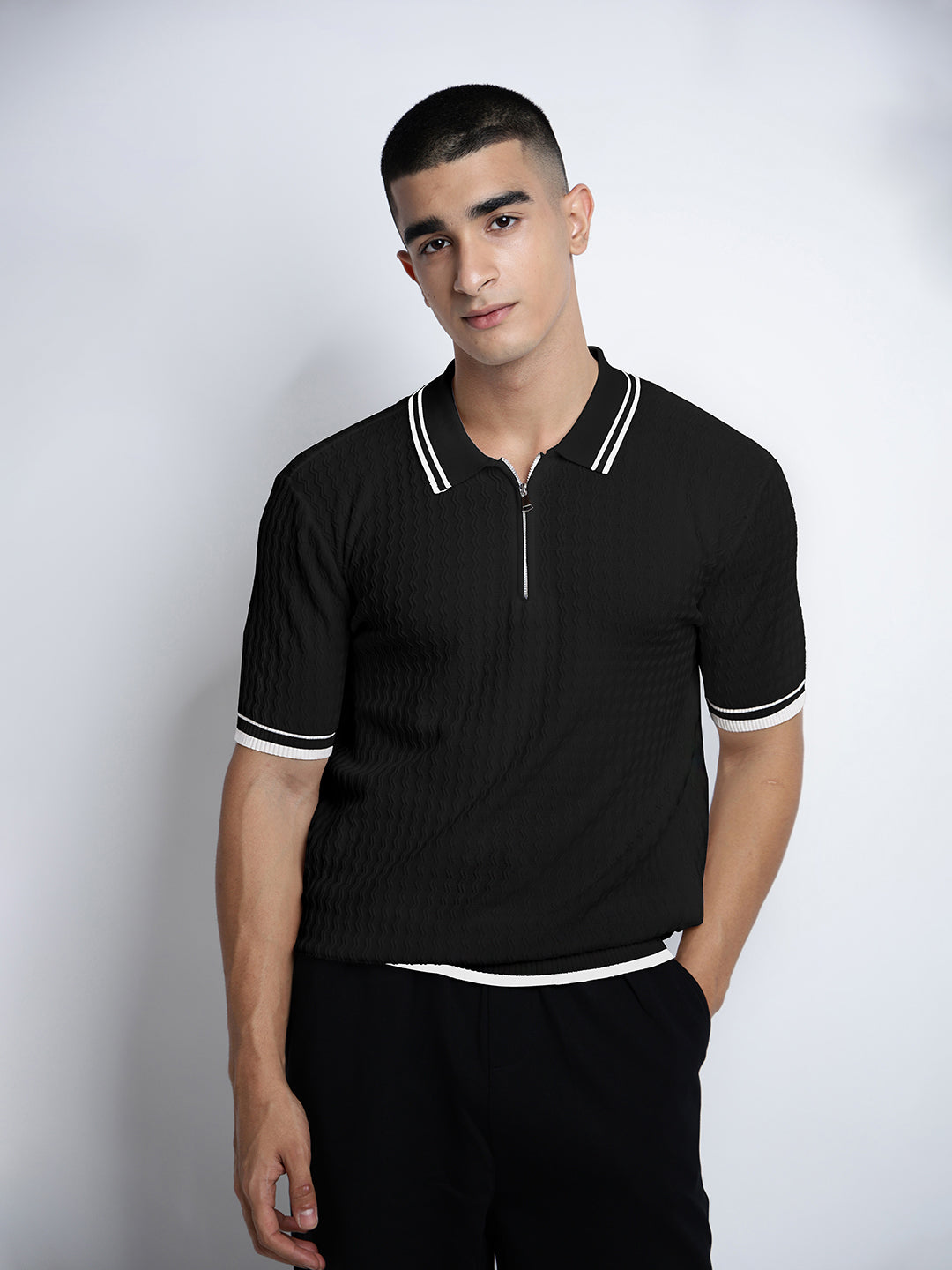 Men's Textured Black Short Sleeve Polo T-Shirt with Contrast Zip Details