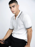 Men's Textured White Short Sleeve Polo T-Shirt with Contrast Zip Details