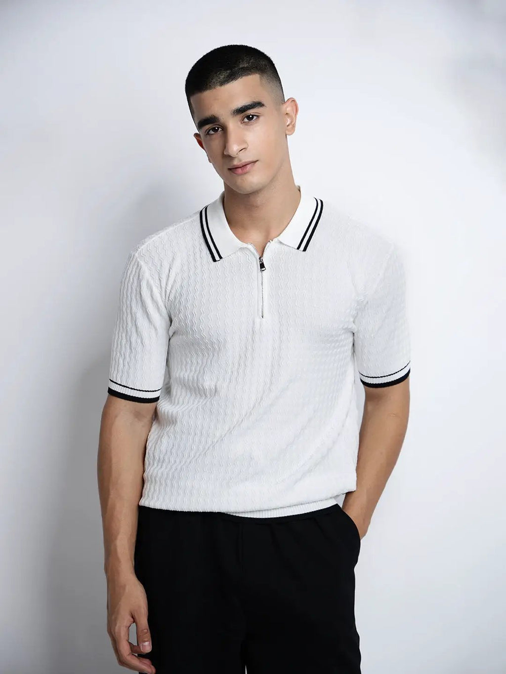 Men's Textured White Short Sleeve Polo T-Shirt with Contrast Zip Details