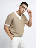 Men's Textured Beige Short Sleeve Polo T-Shirt with Contrast Collar