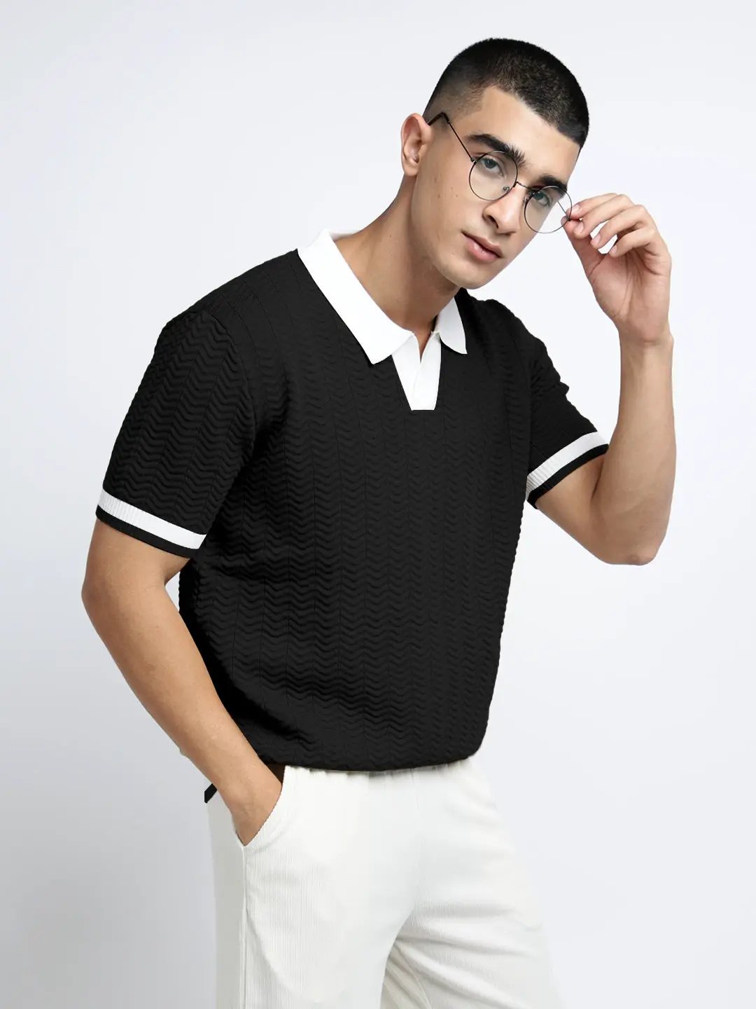 Men's Textured Black Short Sleeve Polo T-Shirt with Contrast Collar