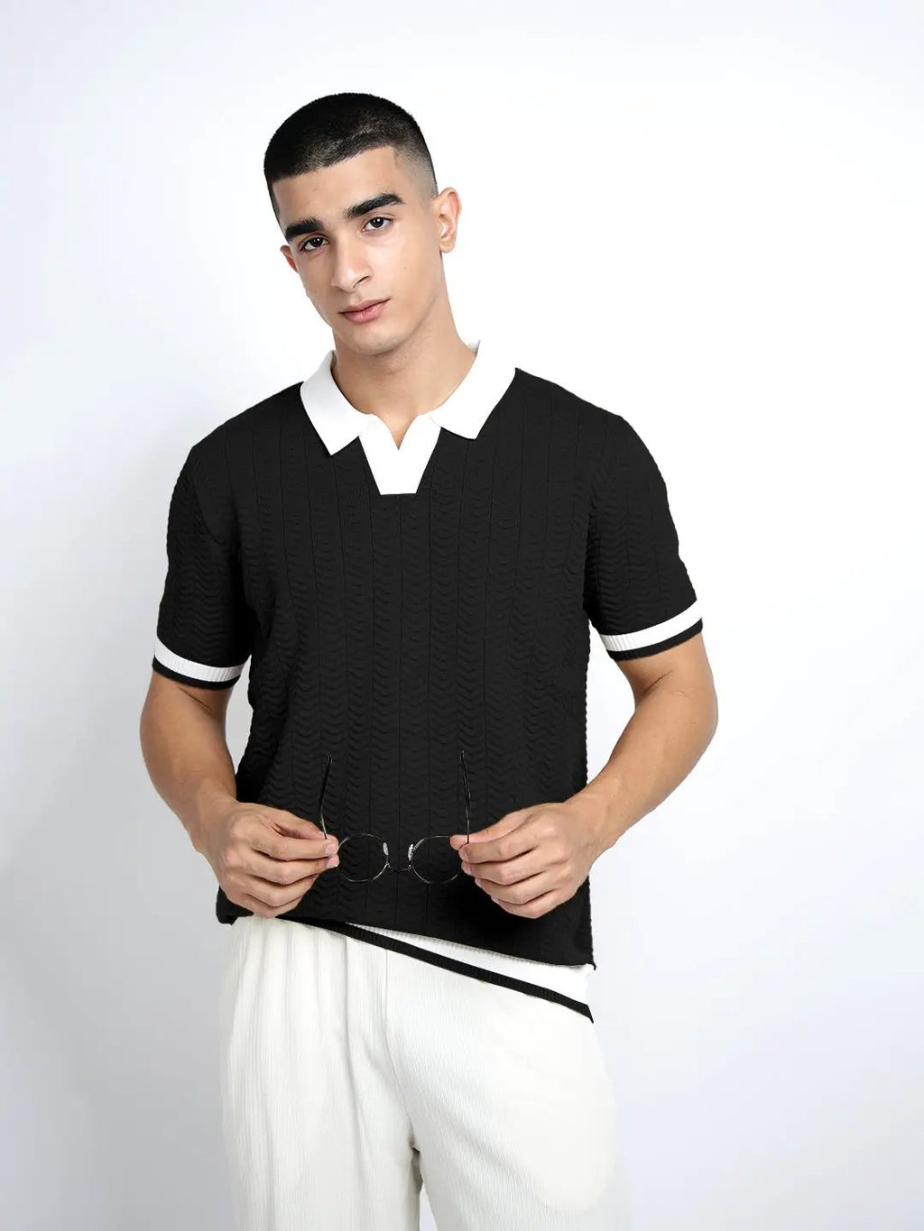 Men's Textured Black Short Sleeve Polo T-Shirt with Contrast Collar