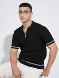 Men's Textured Black Short Sleeves Polo Collar Regular Fit T-Shirt with Zip Detail
