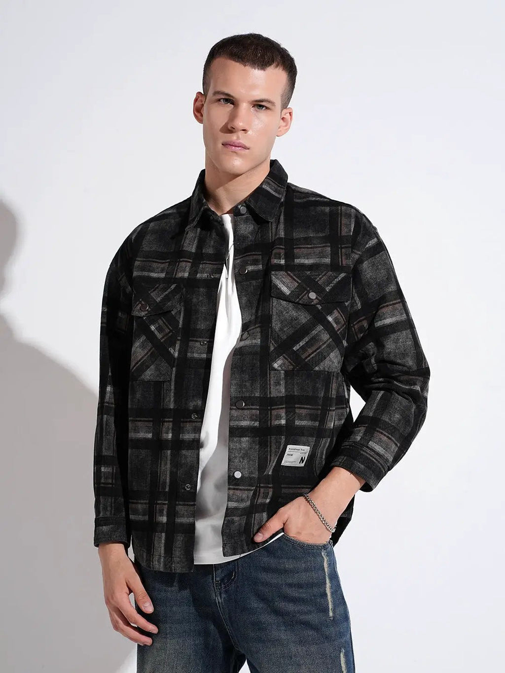 Men's Checked Black Button Down Shacket