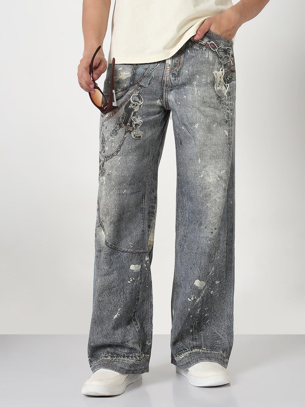Men's Blue Graphic Print Wide Leg Jeans