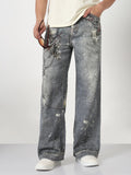 Men's Blue Graphic Print Wide Leg Jeans