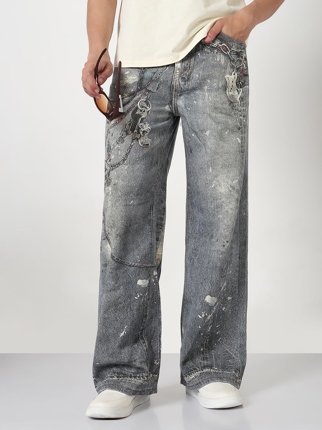 Men's Blue Graphic Print Wide Leg Jeans