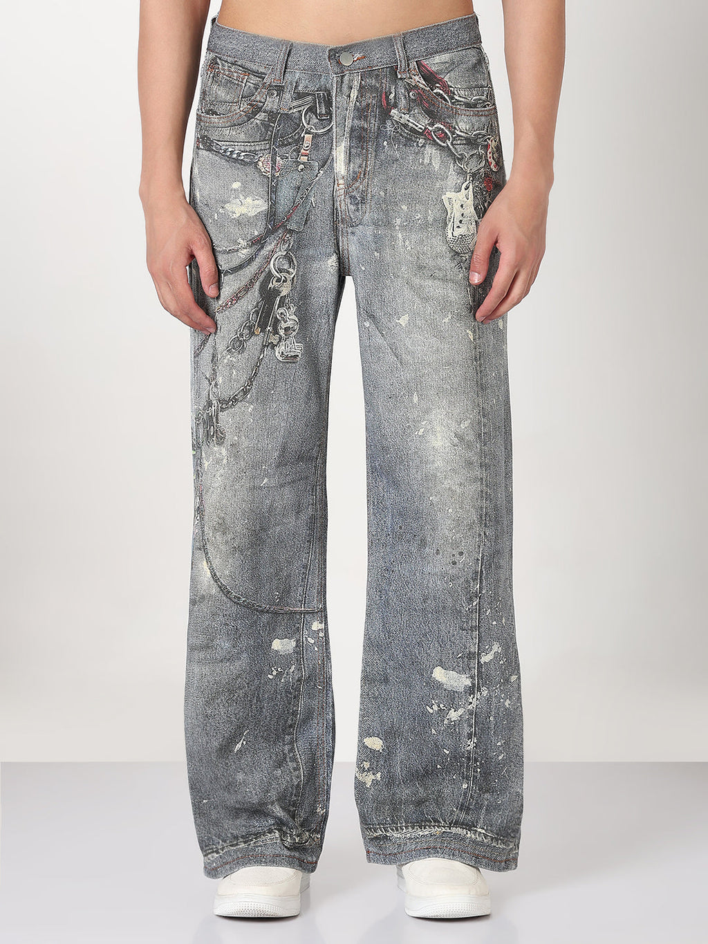 Men's Blue Graphic Print Wide Leg Jeans