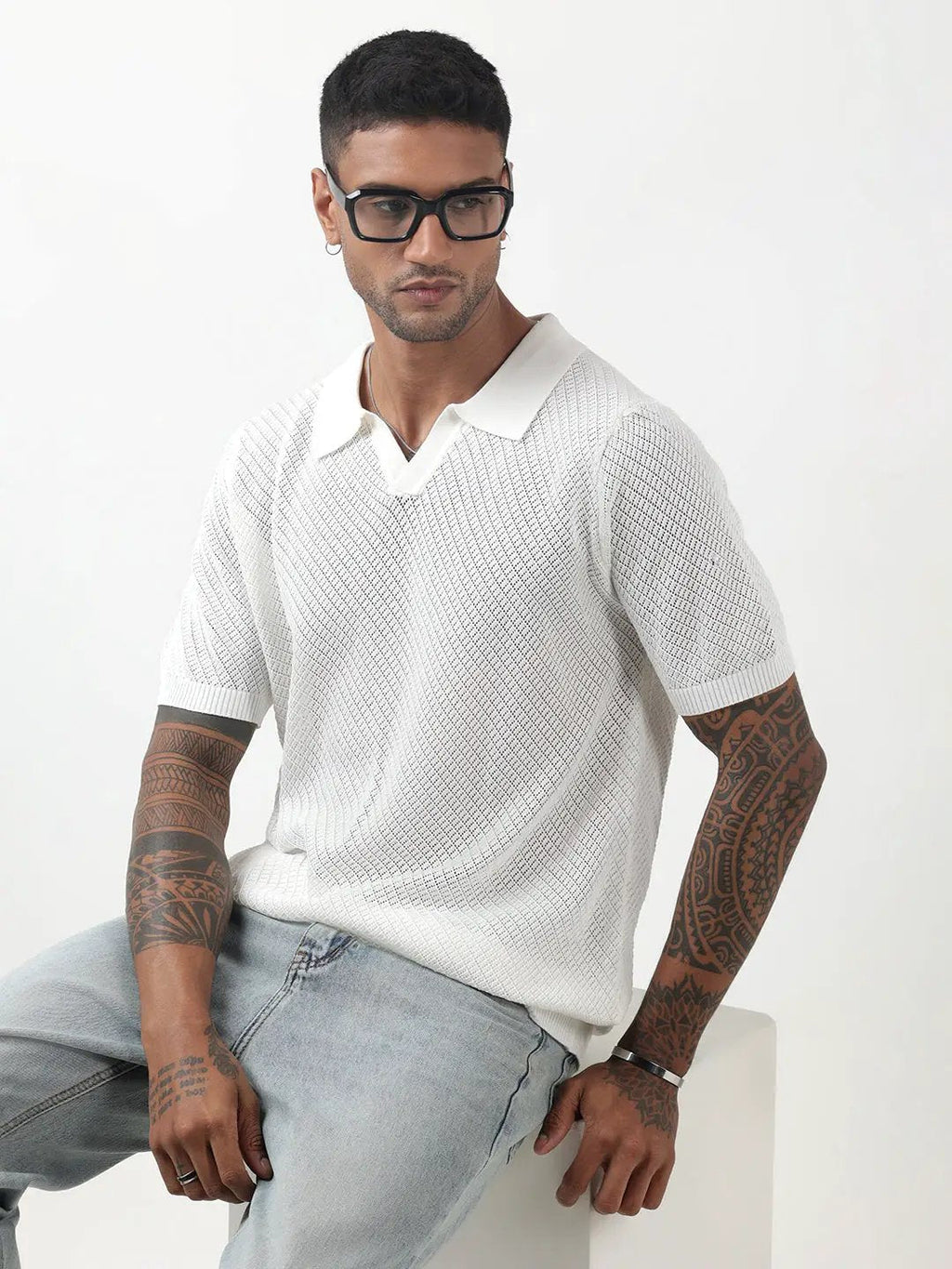 Men's Textured White Polo T-Shirt