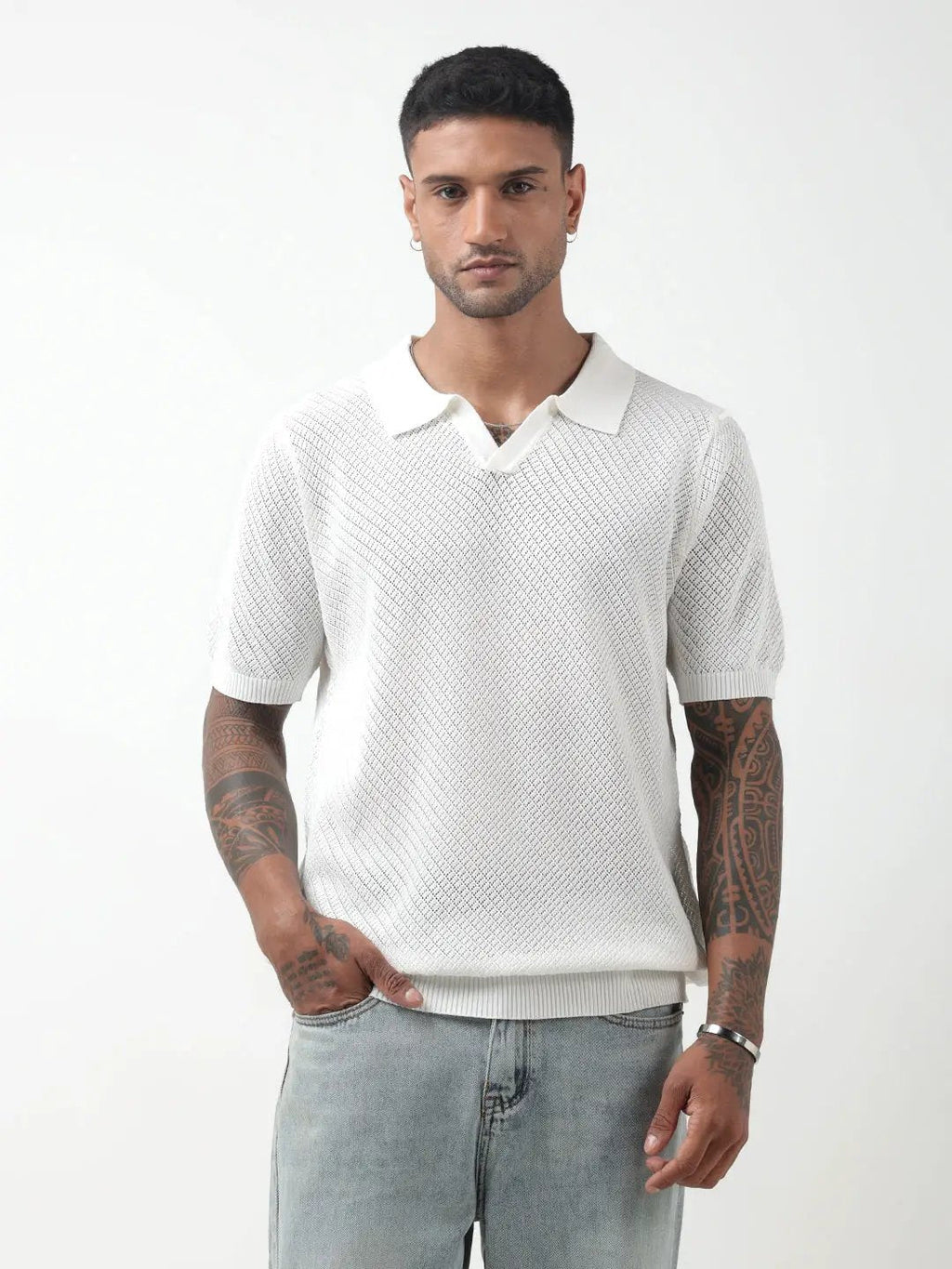 Men's Textured White Polo T-Shirt