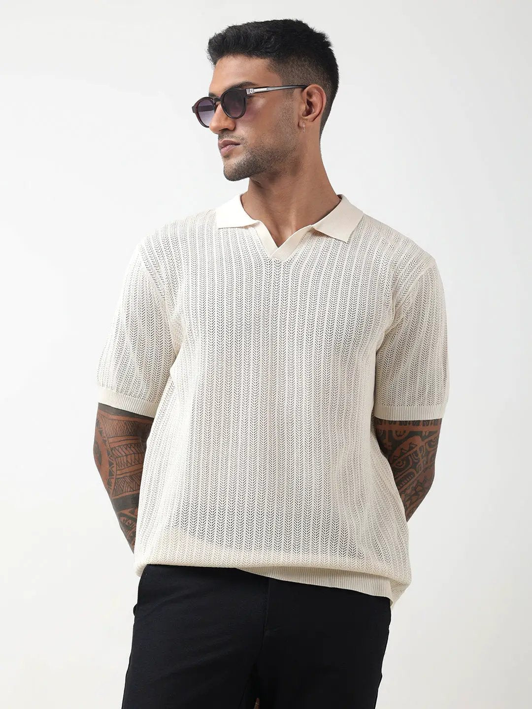 Men's Textured Cream White Polo T-Shirt