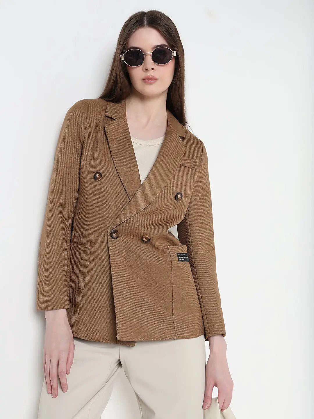 Women's Camel Tailored Double Breasted Textured Blazer