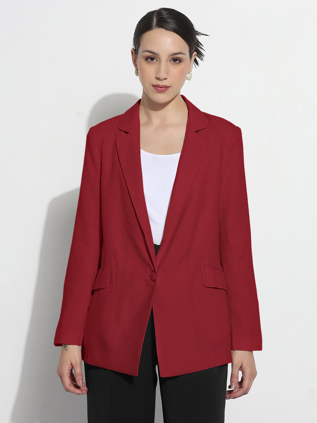 Women's Red Single Breasted Blazer with Shoulder Pads