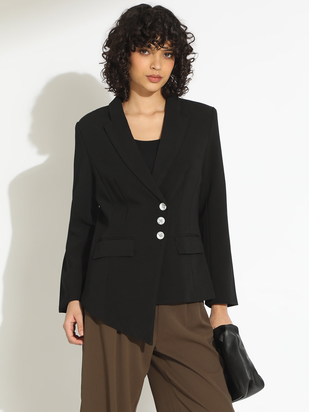 Women's Black Tailored Asymmetric Hem Blazer with Contrast Buttons
