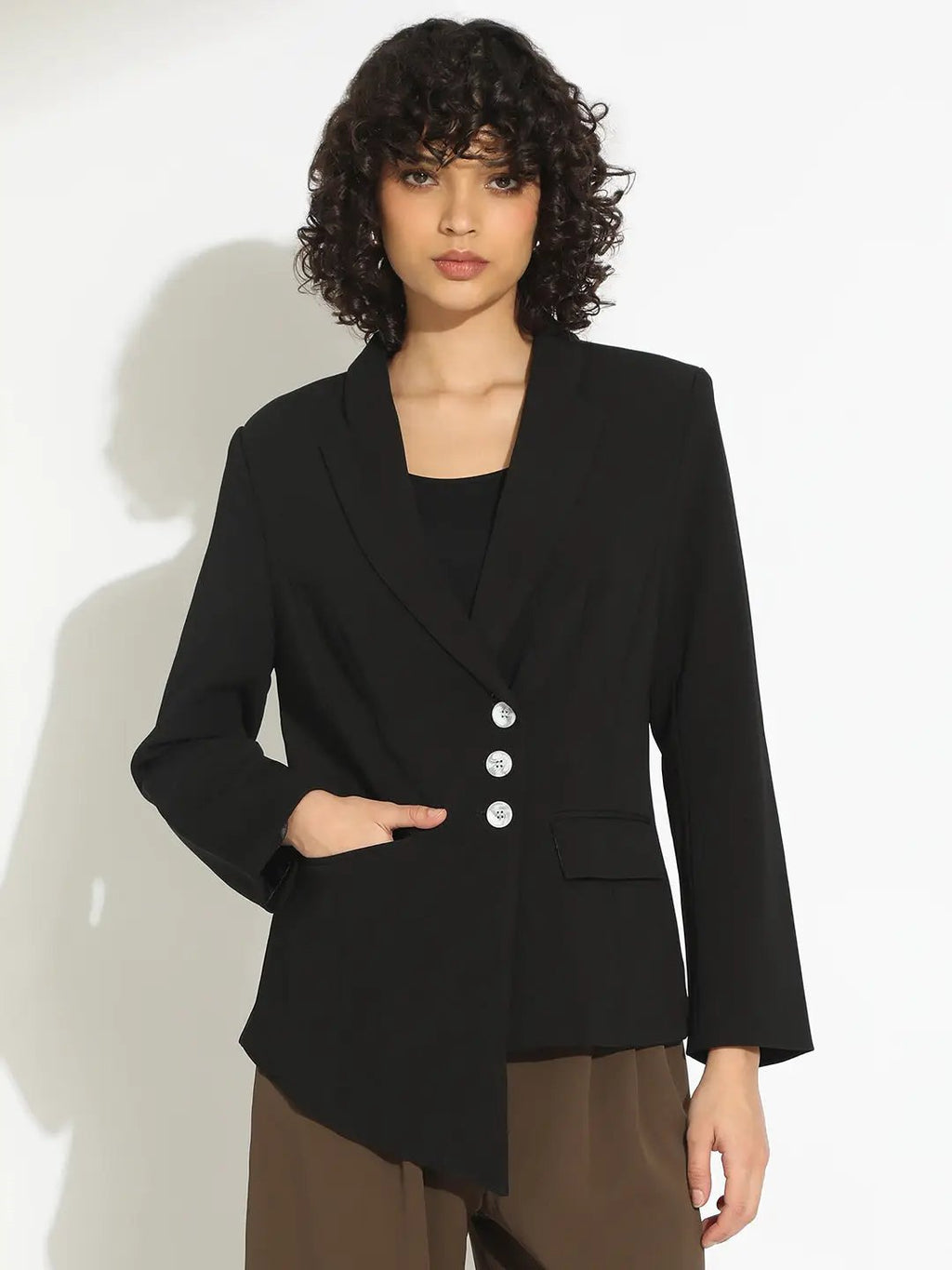 Women's Black Tailored Asymmetric Hem Blazer with Contrast Buttons