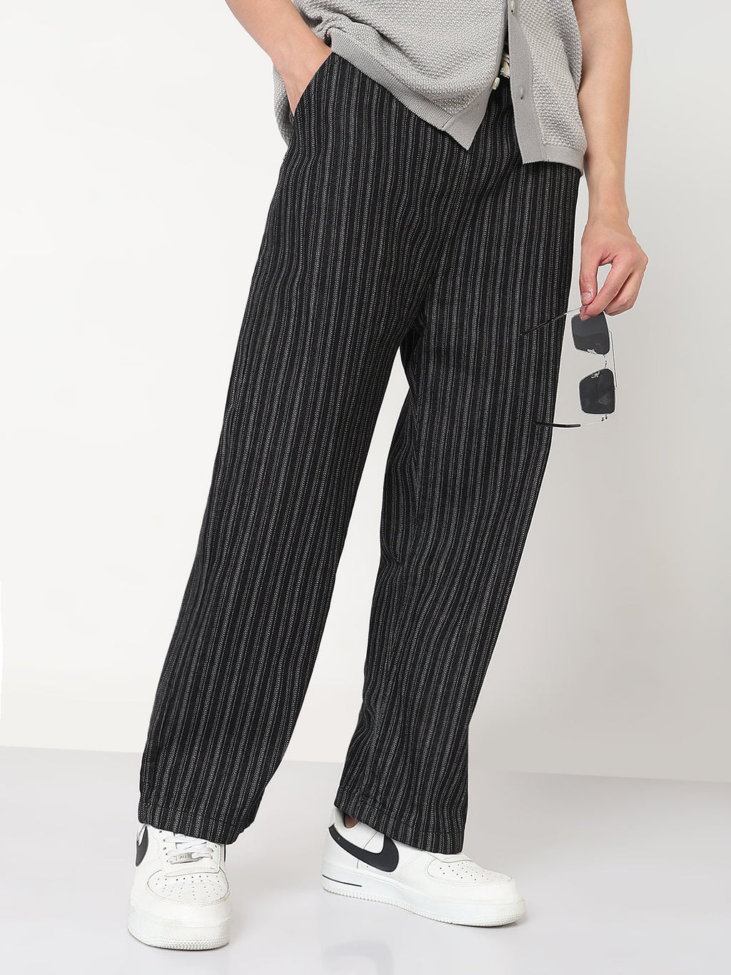 Men's Black Striped Straight Fit Drawstring Jeans