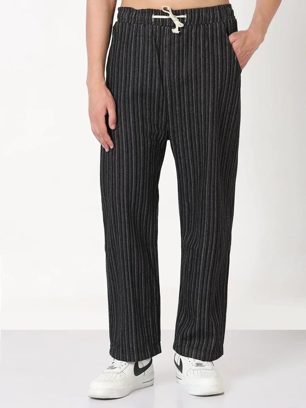 Men's Black Striped Straight Fit Drawstring Jeans