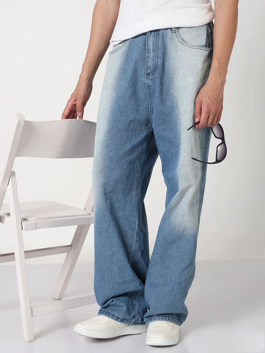 Men's Blue Washed Baggy Fit Jeans