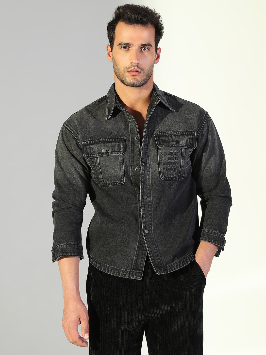 Men's Solid Black Denim Jacket