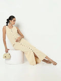 Women's Beige Sleeveless Button-Down Maxi Dress with Front Slit