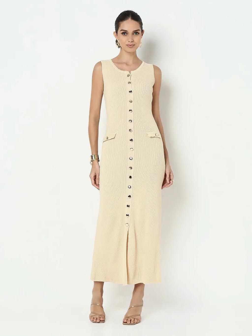 Women's Beige Sleeveless Button-Down Maxi Dress with Front Slit