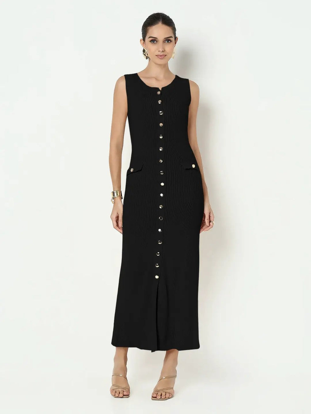 Women's Black Sleeveless Button-Down Maxi Dress with Side Slit