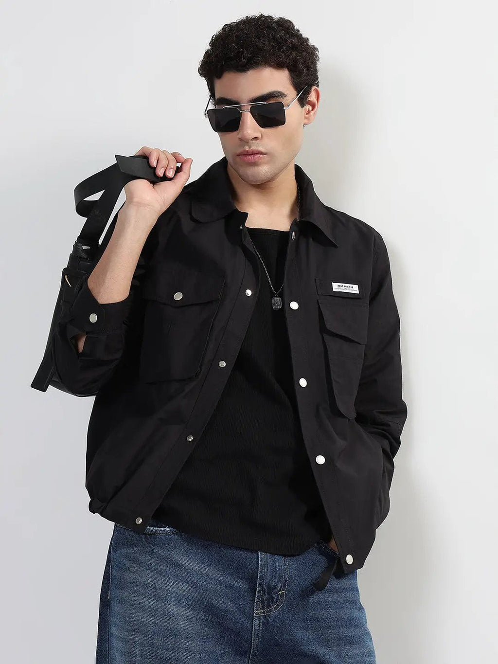 Men's Black Snap Button Shacket with Pockets